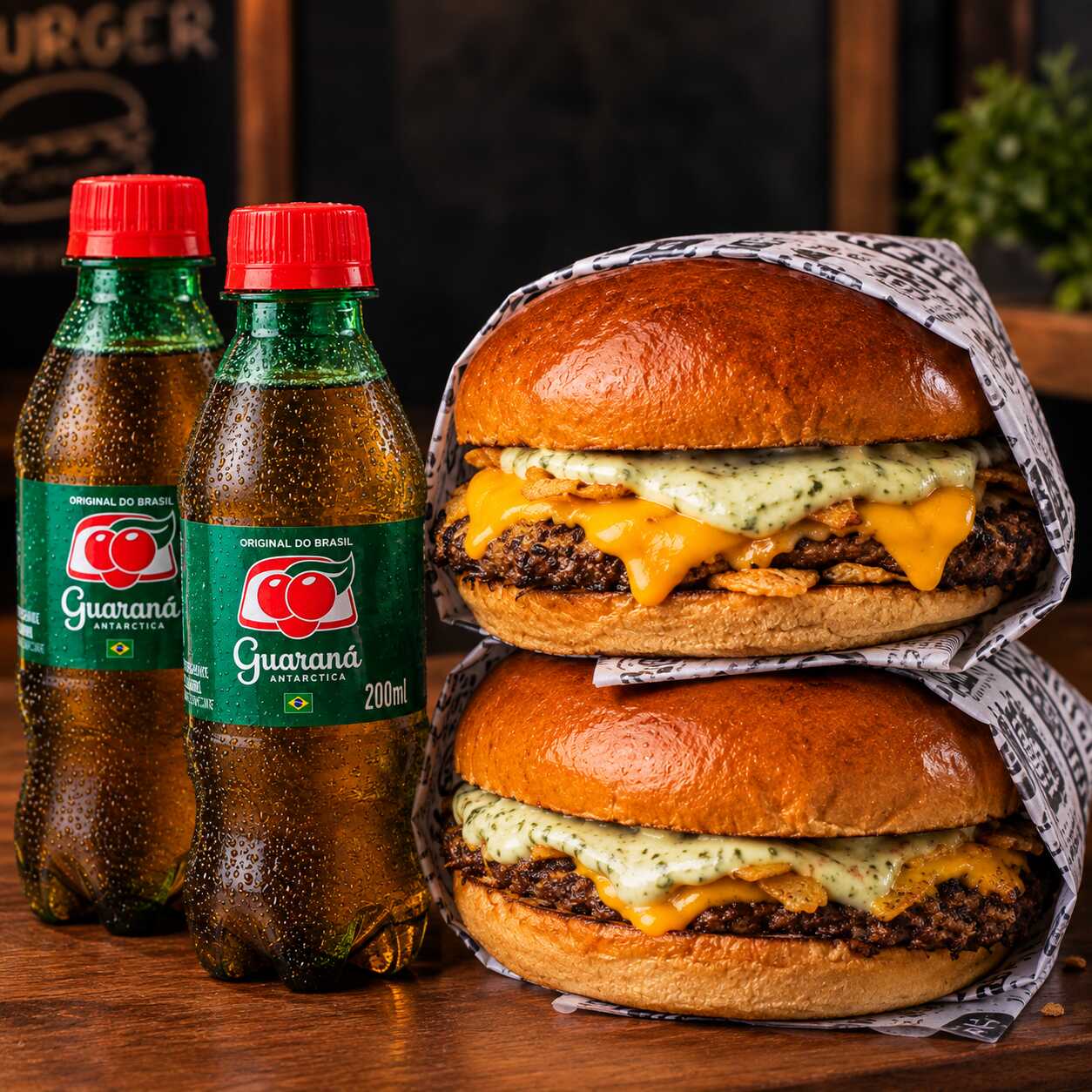 O combo inclui: 2x Burgers (Pão brioche, hambúrguer fininho e suculento 100g, queijo cheddar e molho verde) + 2x Guarana 200ml. A pedida certa para Dividir e matar a fome!