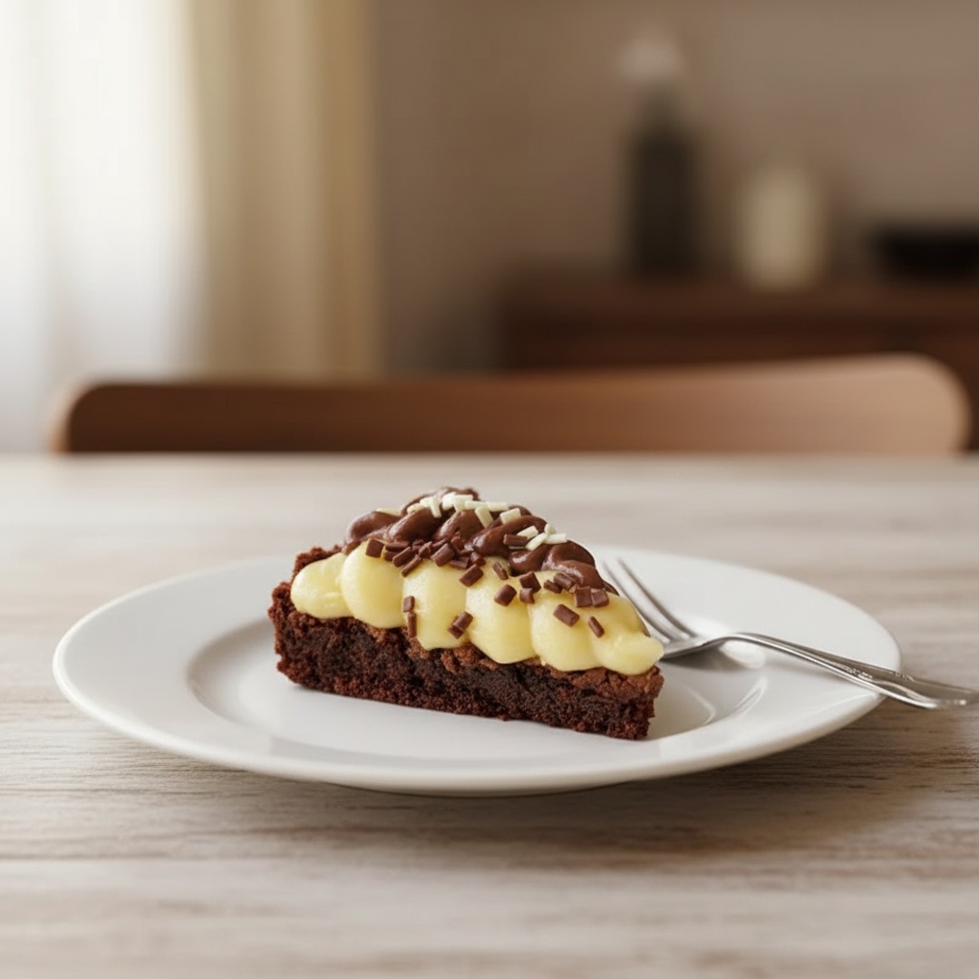 Massa de brownie super úmida e com casquinha, por cima brigadeiro branco e preto.