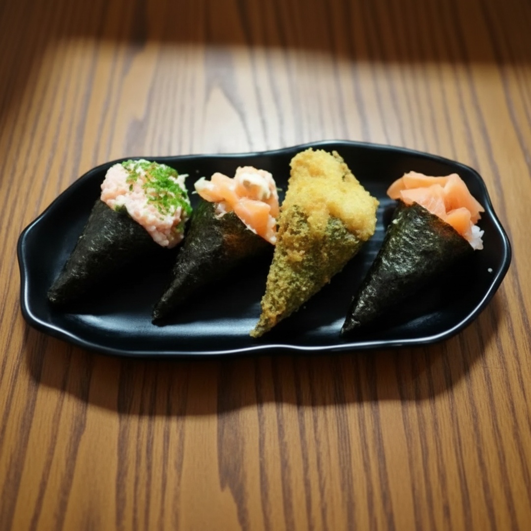 1 Mini Temaki Salmao Simples= arroz,alga e salmao em cubos. 1 Mini Temaki Salmao Filadelfia= arroz,alga,cream chesse e salmao em cubos. 1 Mini Temaki Joe= arroz,alga,salmao batido com cream chesse e cebolinha. 1 Mini Temaki Hot Filadelfia=Arroz, Alga, salmão grehado (temperado) Batido com cream cheese (empanado e frito). tamanho do temaki= 7 a 10 cm *Não fazemos alterações no combo