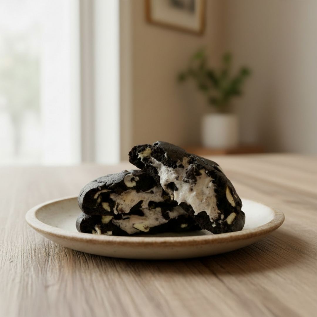 Cookie com massa de cacau black com gotas de chocolate branco e pedaços de biscoito Oreo, recheado com ganache de chocolate branco e pedaços de Oreo. Recomendamos esquentar 20 segundos no microondas ou 5 minutos no forno a 180graus para uma experiência ainda mais especial! Pesa aproximadamente 100g.
