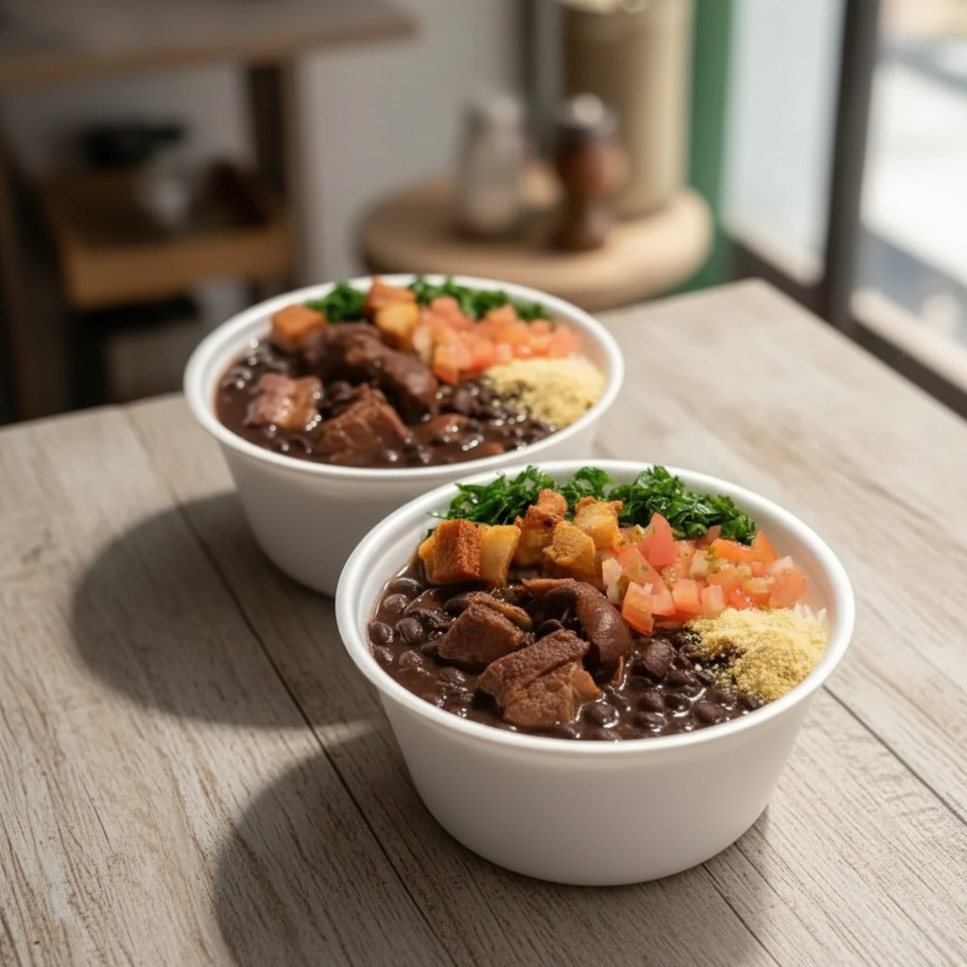 Nossa feijoada vem completa: feijão preto bem temperado, arroz soltinho, couve refogada, farofa crocante, vinagrete fresquinho e torresmo sequinho. Sabor de comida feita com carinho. Marmita Pequena - serve 1 pessoa.