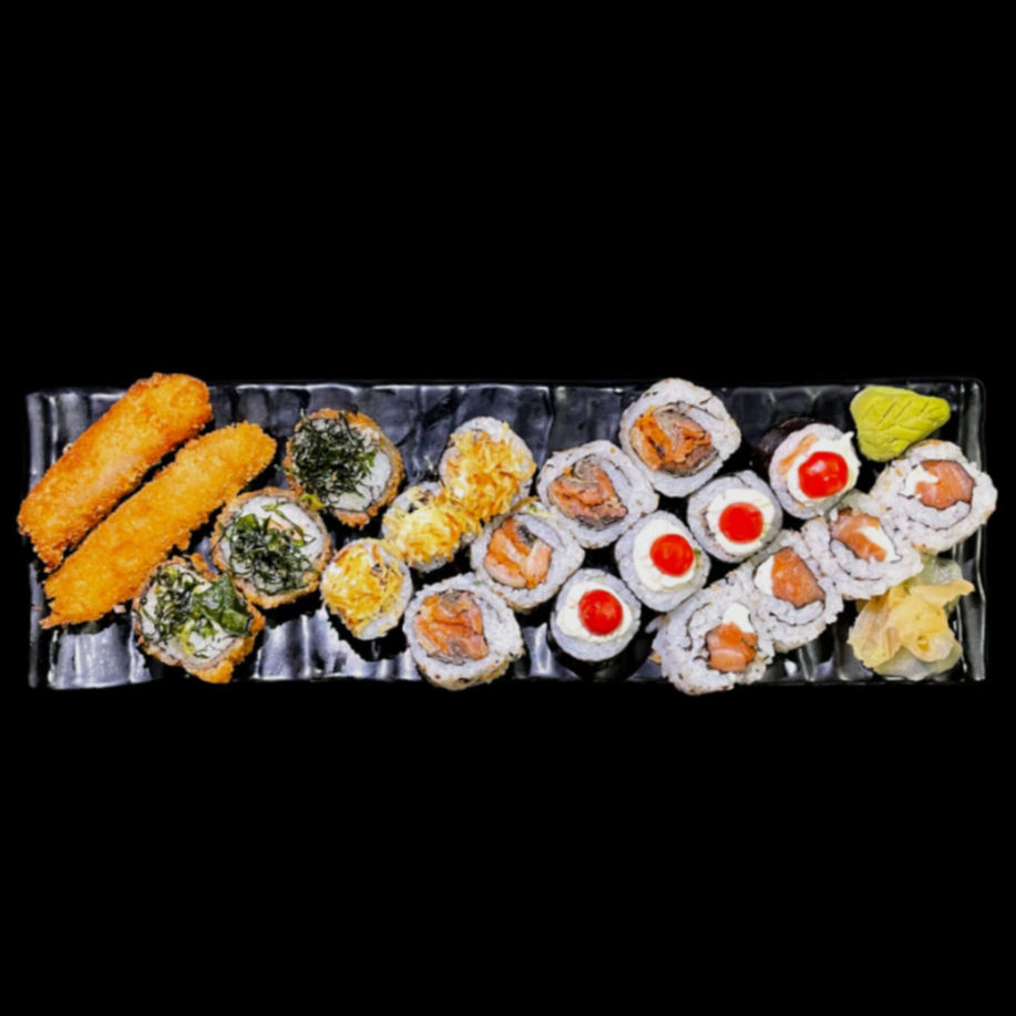 Este item acompanha 1 molho teriyaki/tarê (30ml), 1 molho shoyo (30ml) e 1 hashi. 15 sushis variados e 5 peças fritas. - Obs: não trocamos os hots por sushi.