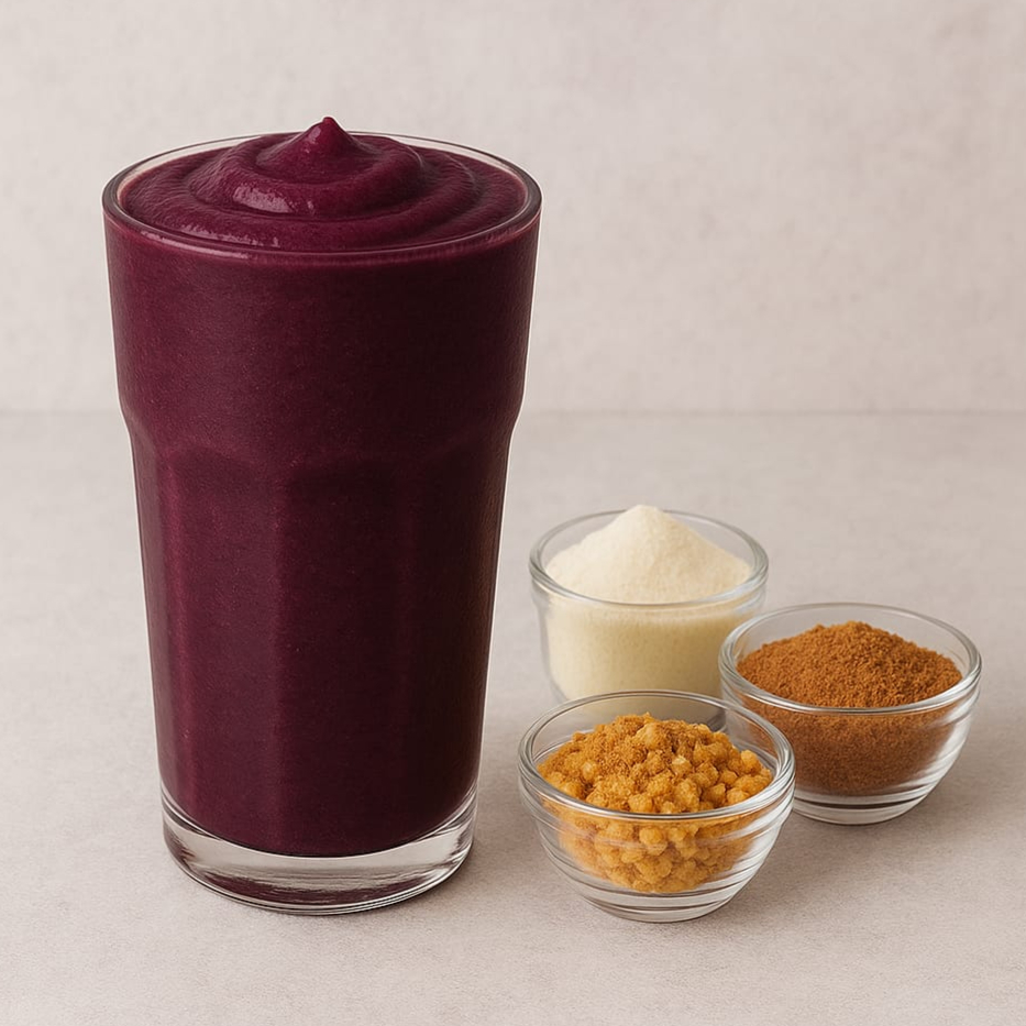 Energia máxima com nosso Turbo Açaí: açaí batido com leite, leite em pó, amendoins triturados e Guaraná em pó.