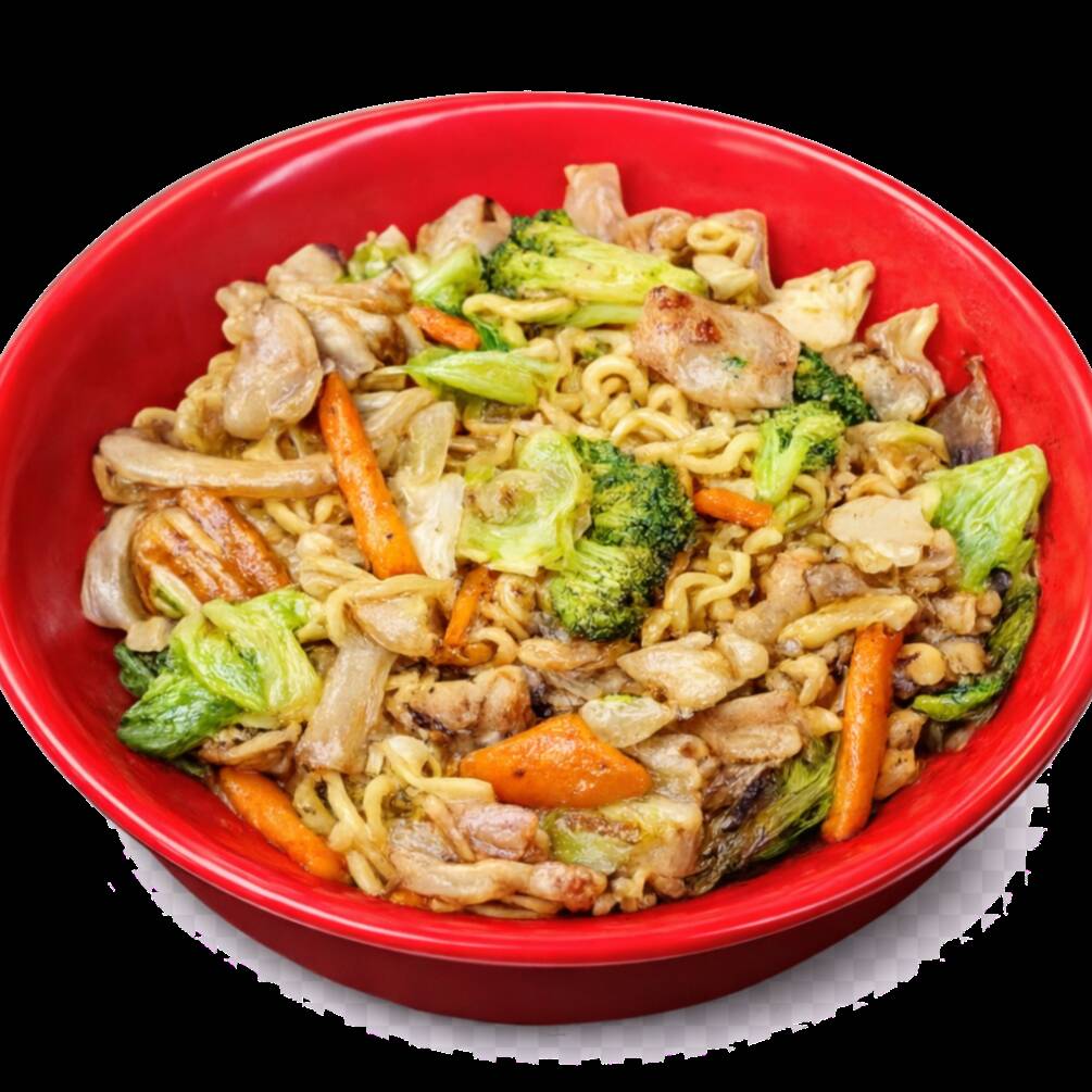 Yakissoba de porco com legumes (couve, cenoura, brócolis, cebola, repolho) e molho yakisoba no estilo japonês. Neste caso o prato fica menos úmido e com sabor mais concentrado. Por levar um pouco de molho inglês no preparo pode ter leve picância. Não fica com tanto molho como no estilo chinês. Peso médio 550g.