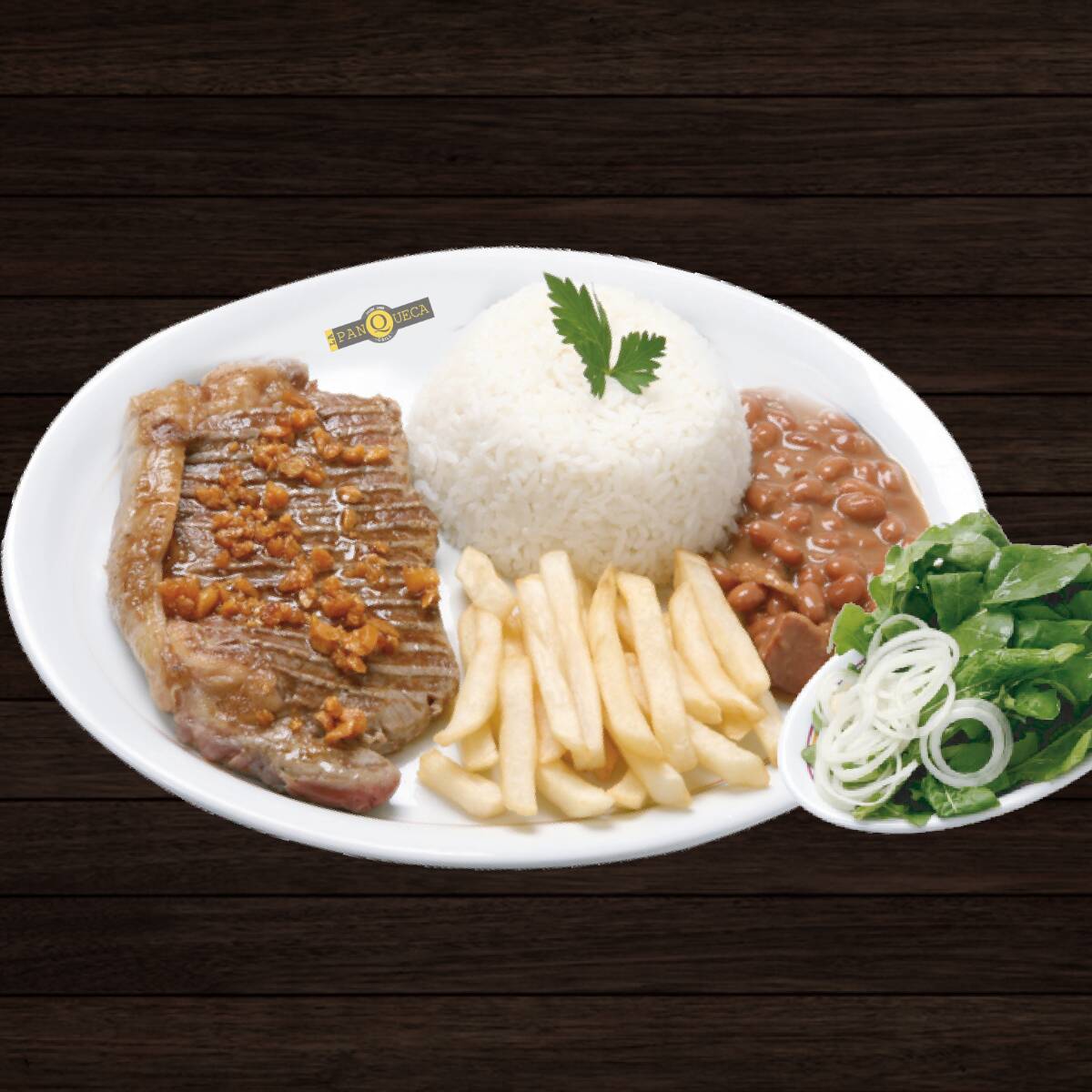 Arroz, Feijão, Fritas e Salda de Rúcula com Cebola