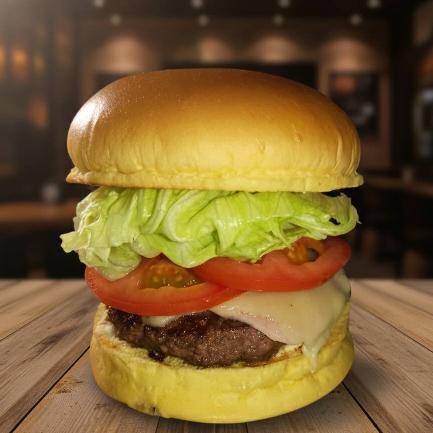 Pão Brioche, Maionese, Hamburguer artesanal 120g, queijo mussarela, presunto, tomate, alface.