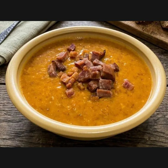 Caldo de Carne seca, bacon. Calabresa e abobora. Deliciosamente temperado com Alho, cebola e nossos temperos especiais. Acompanha torradas, molho de pimenta caseiro, queijo ralado e cheiro verde (coentro e cebolinha). Aprox: 500g