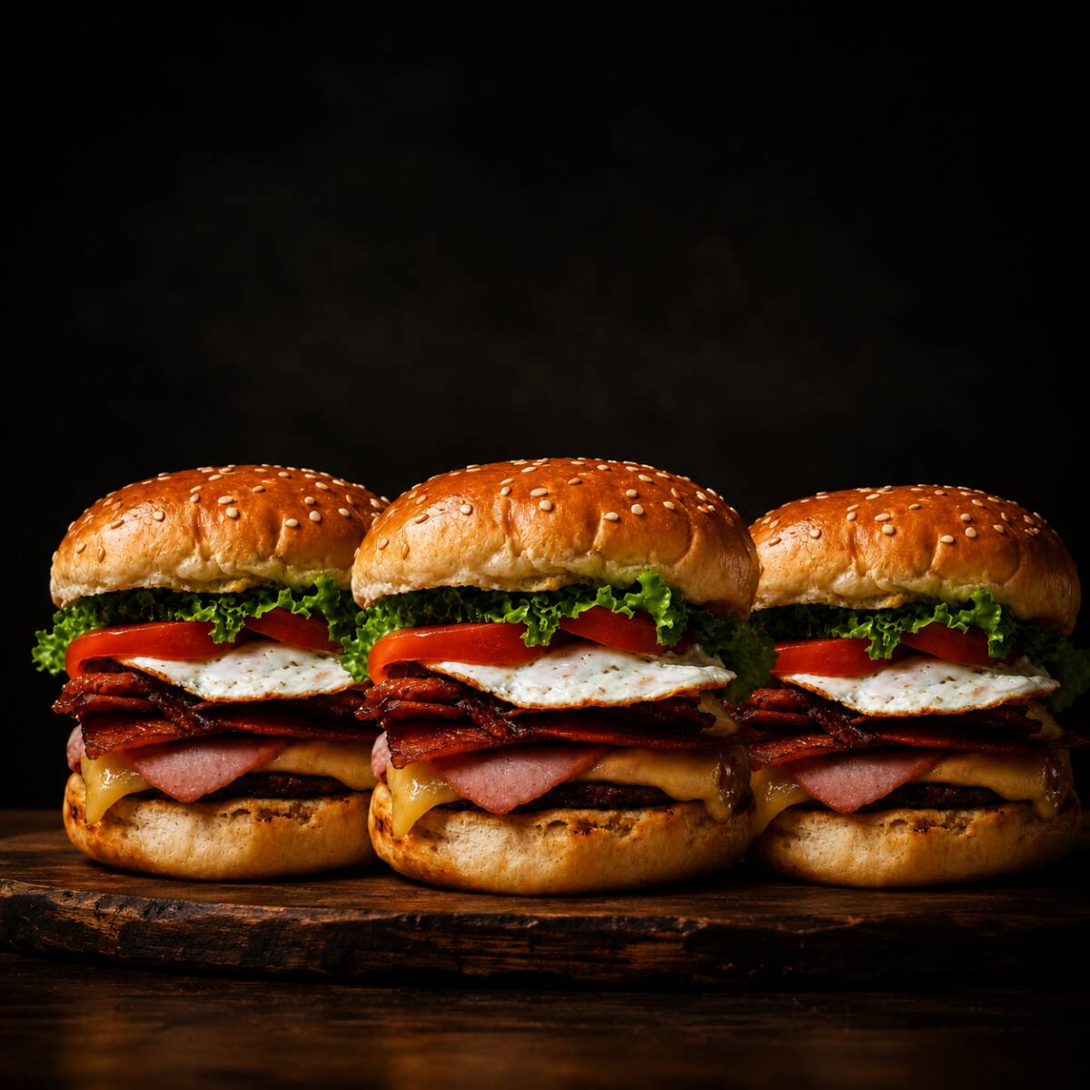 3 Egg Bacon para compartilhar: Pão selado na chapa, maionese de alho, alface, tomate, hamburguer, queijo muçarela, presunto, ovo, Dobro de bacon.