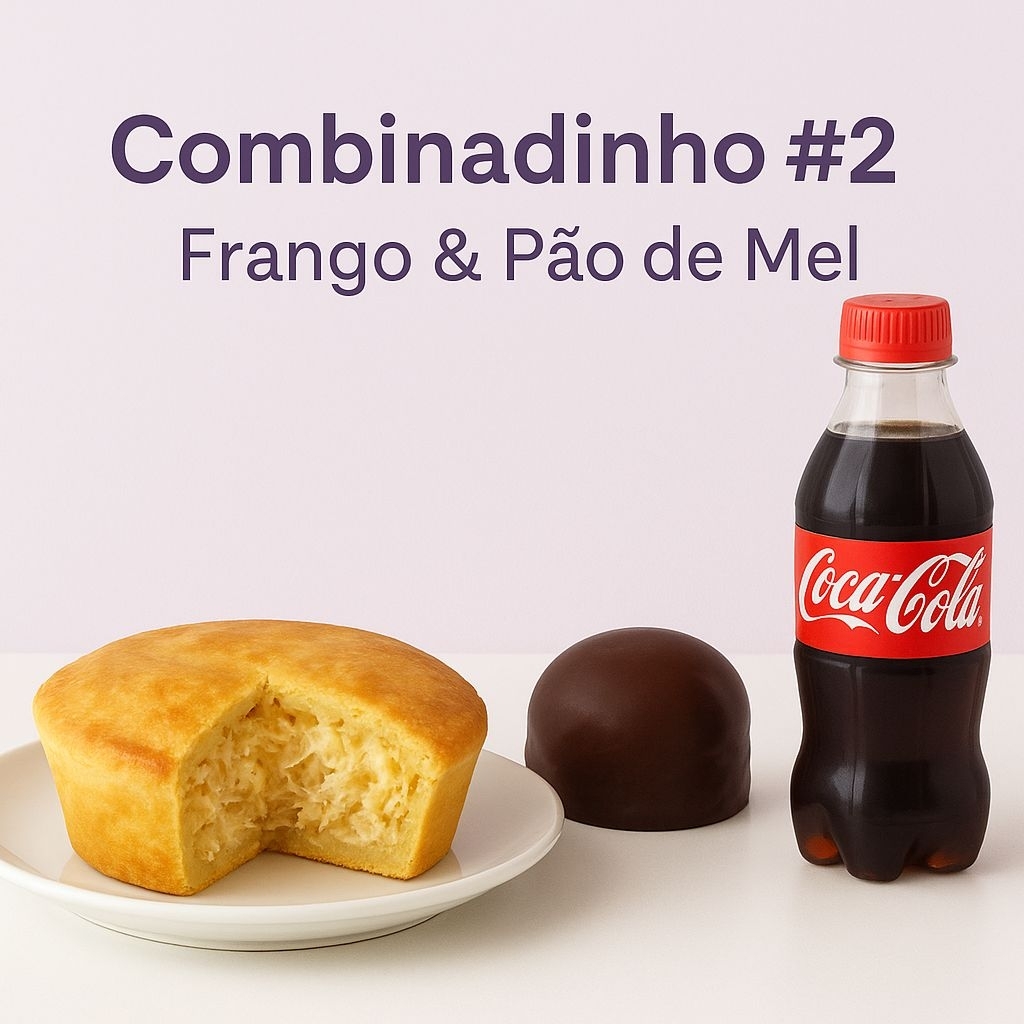 Torta de Frango 250g + Bolo no Pote 200g + Coca-Cola 200ml - Ideal para quem quer uma refeição leve e sobremesa caseira.
