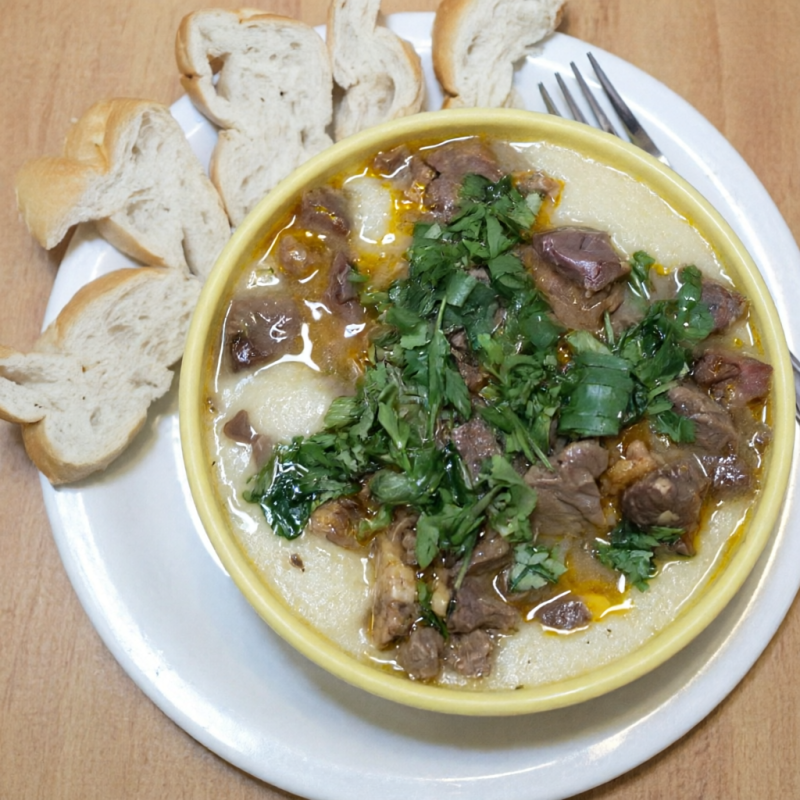 Polenta com miúdos bovinos (bofe, coração calabresa e carne).
