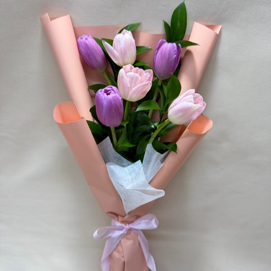 Ramo 6 tulipanes rosas y lilas