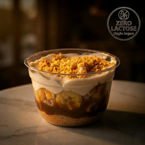 Sem Lactose
Farofinha crocante de biscoito.
Doce de leite de castanha com café e chocolate 70%.
Bananas caramelizadas.
Cobertura de chantilly de coco.
125g