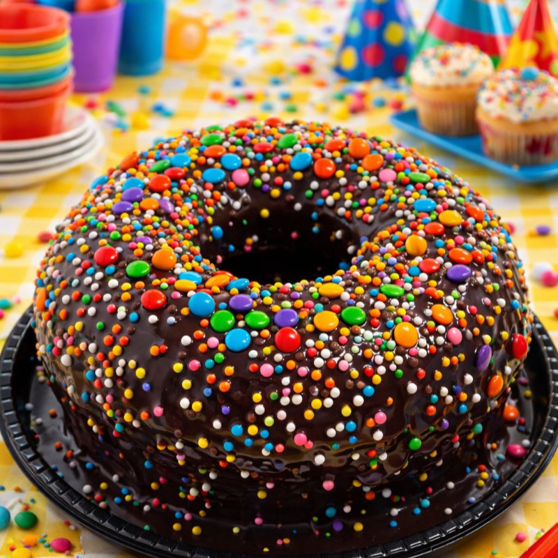 bolo de chocolate com cobertura e confetes coloridos para alegrar a criançada