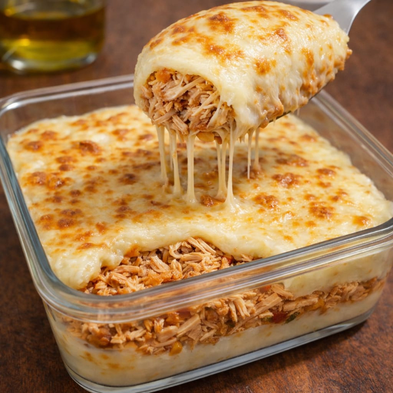 purê de batata, frango desfiado e mussarela