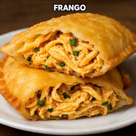 Pastel crocante e sequinho, recheado com frango desfiado bem temperada e suculenta.