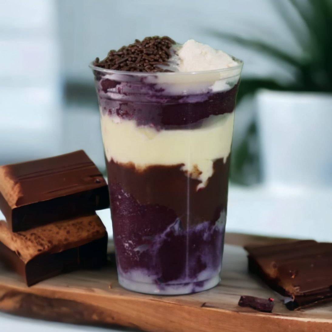 Açaí, leite condensado, creme de avelã, leite em pó, chantininho, granulado.