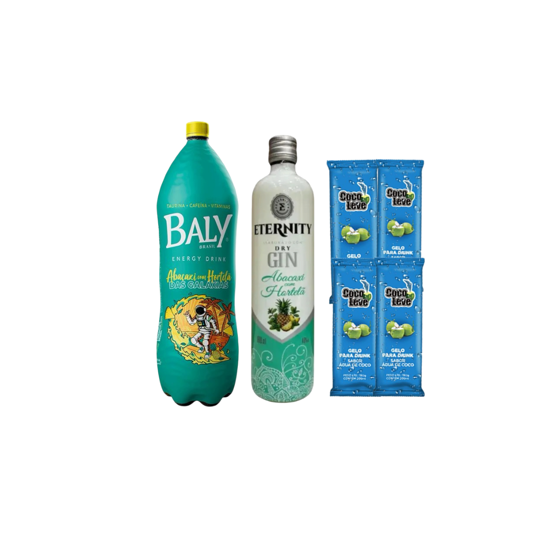 Combo de Gin Eternity Abacaxi c/ Hortelã - 4 Gelos de Coco + 1 Energético Baly 2L Abacaxi c/ Hortelã - 4 Copos