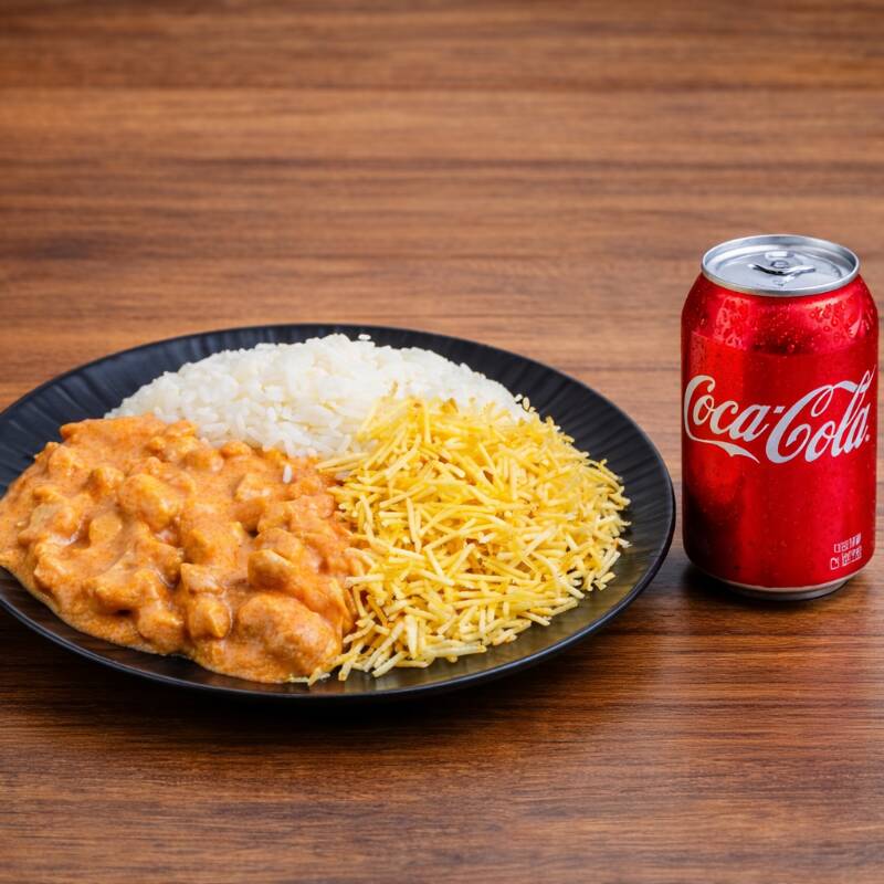 Uma refeição completa e deliciosa: Estrogonofe + Refrigerante em lata.