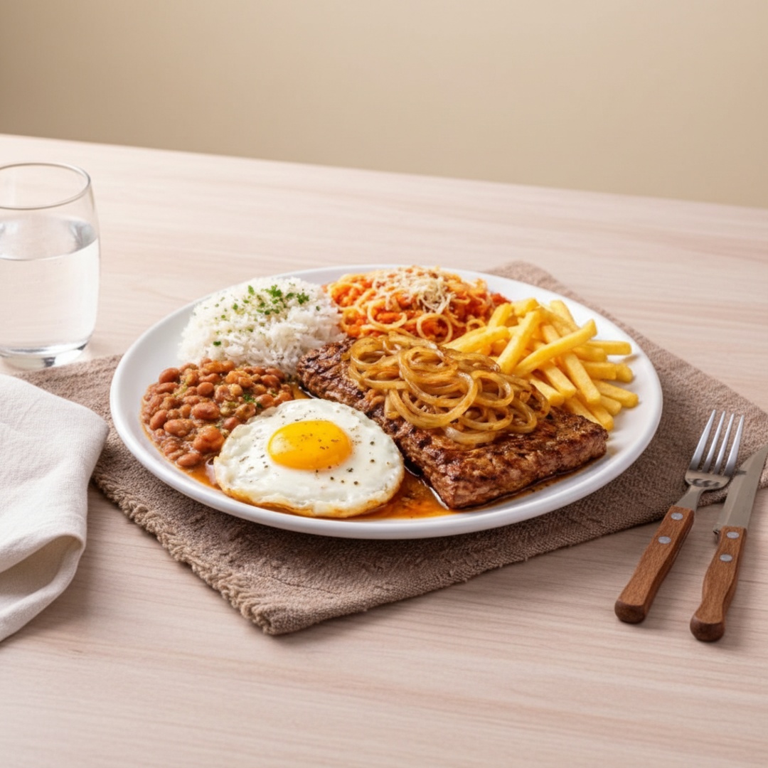 Acompanha, Arroz, Feijão, Macarão, Bife de boi, ovo frito, Batata frita, e Salada