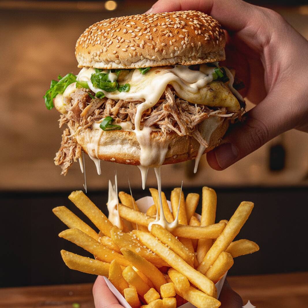Sanduíche de pernil de porco marinado por 12 horas, com queijo muçarela derretido, maionese da casa e toque de cheiro-verde no pão macio. Acompanha porção de batata frita (220g) pra completar essa delícia!