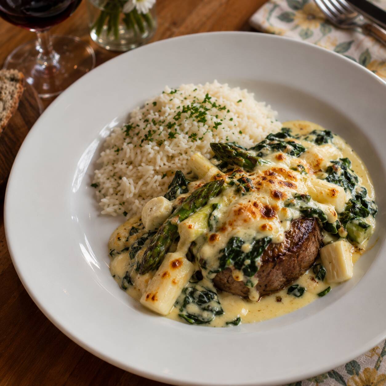 Fileto mignon grelhado (300grs), creme de espinafre, aspargos, palmito, Catupiry, gratinado, acompanha arroz