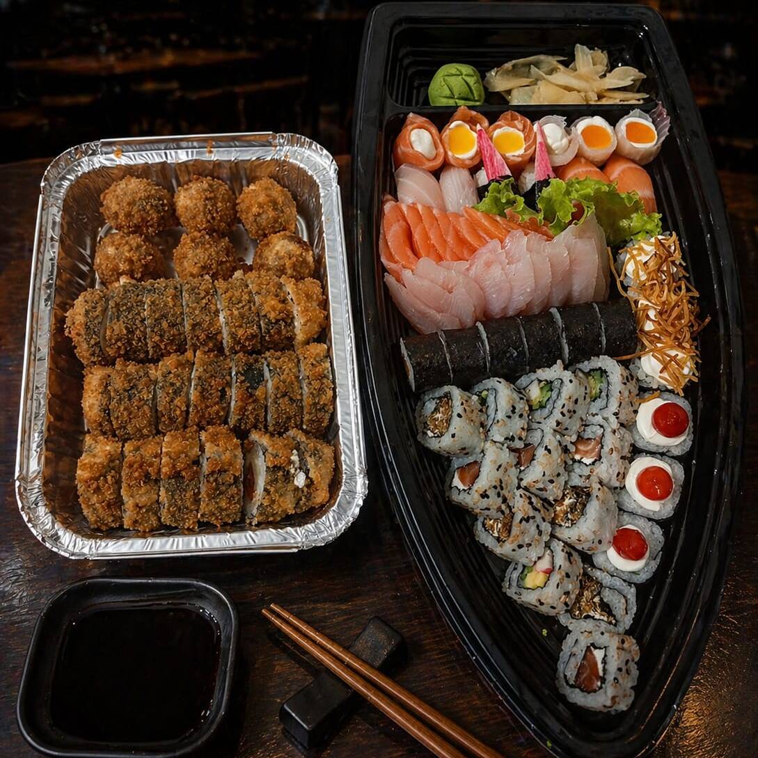 24 sushis variados, 6 gunkans e 6 niguiris, 10 salmão e 10 peixe branco, 12 hot filadélfia, 6 de hot tilápia e 6 croquetes crocantes. Acompanha no pedido: 3 pares de hashi, 2 molhos teriaki e 2 molhos shoyo.