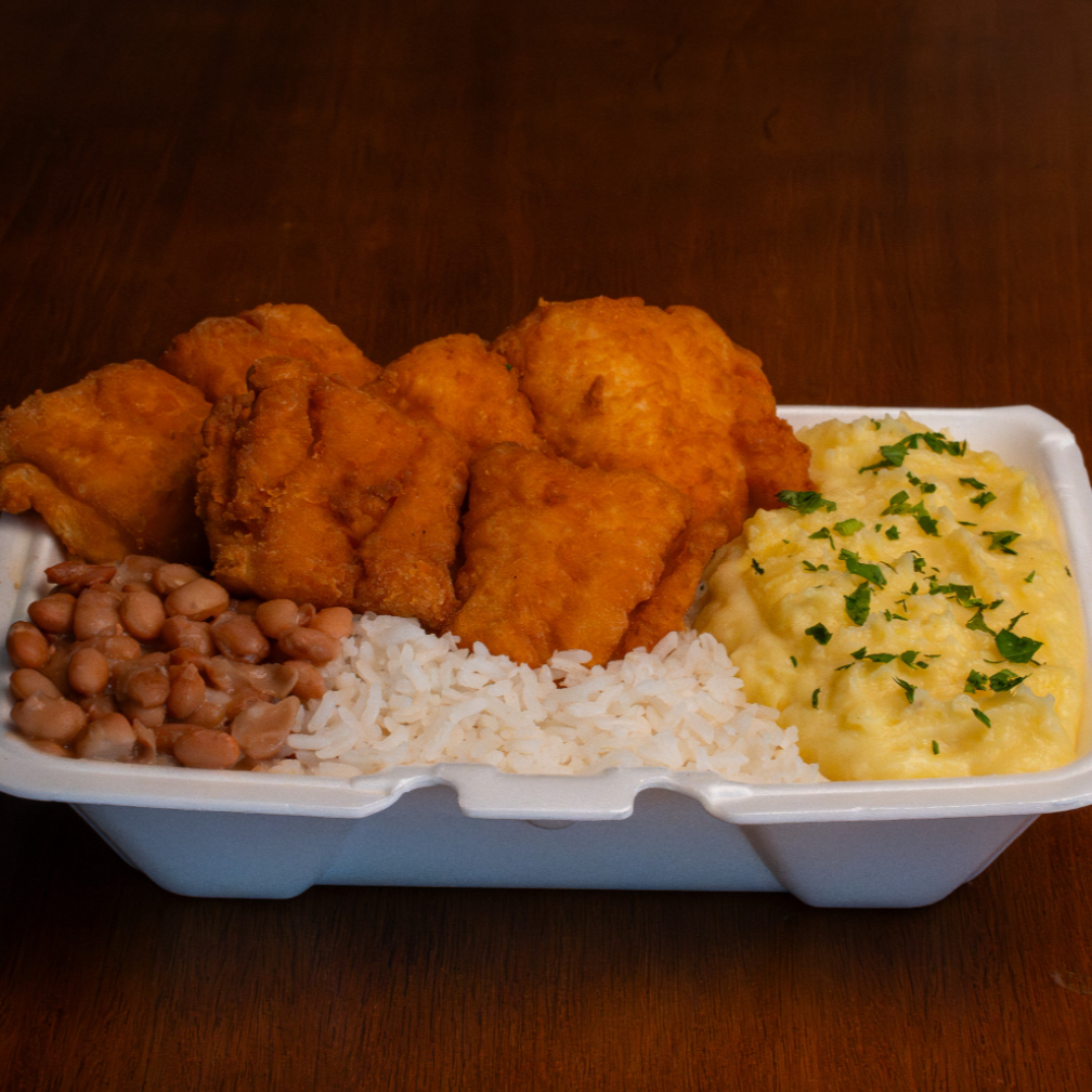 Filé de Peixe, Arroz soltinho, Feijão e Purê de Batata (800g)