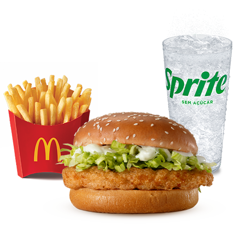 Frango empanado, maionese, alface americana e pão com gergelim, acompanhamento e bebida.