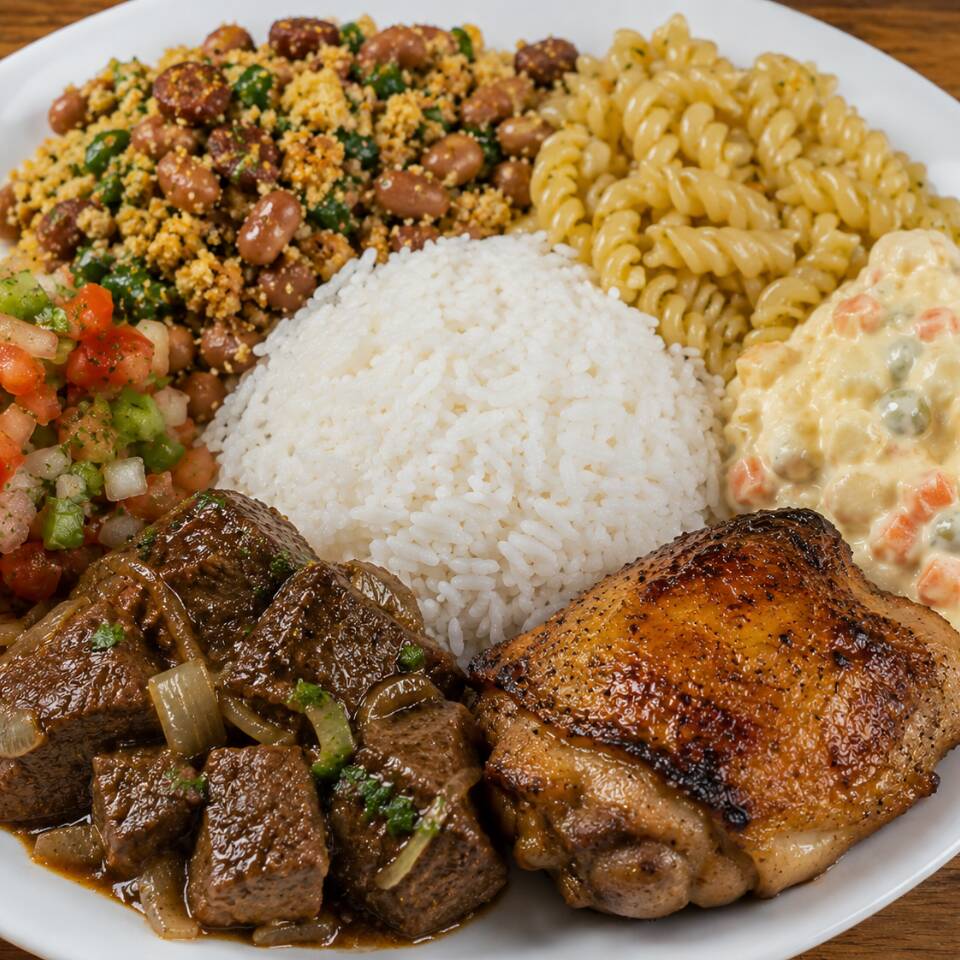 Arroz, feijão tropeiro, vinagrete e Macarrão