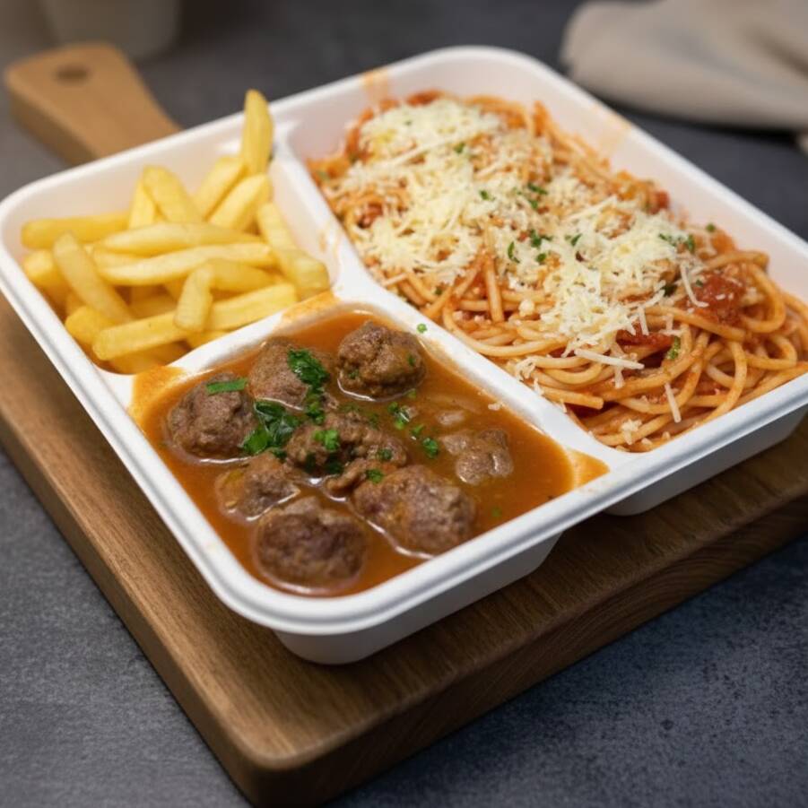 Macarrão, fritas e almondegas ao molho.