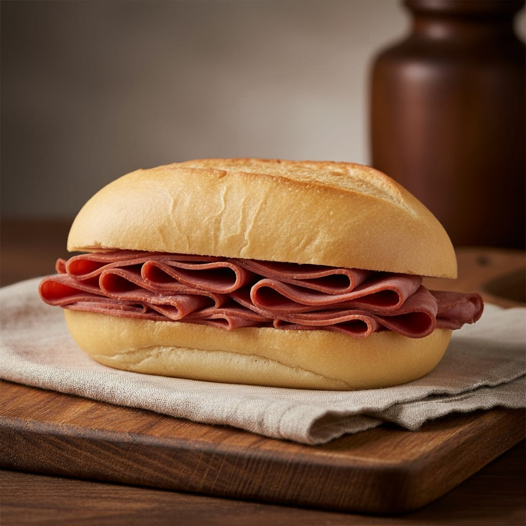 Pão com 2 fatias de mortadela defumada.