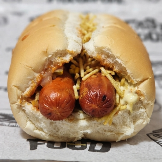 Big dog tradicional no pão Macio com salsicha, molho especial, vinagrete, batata palha crocante e queijo ralado.