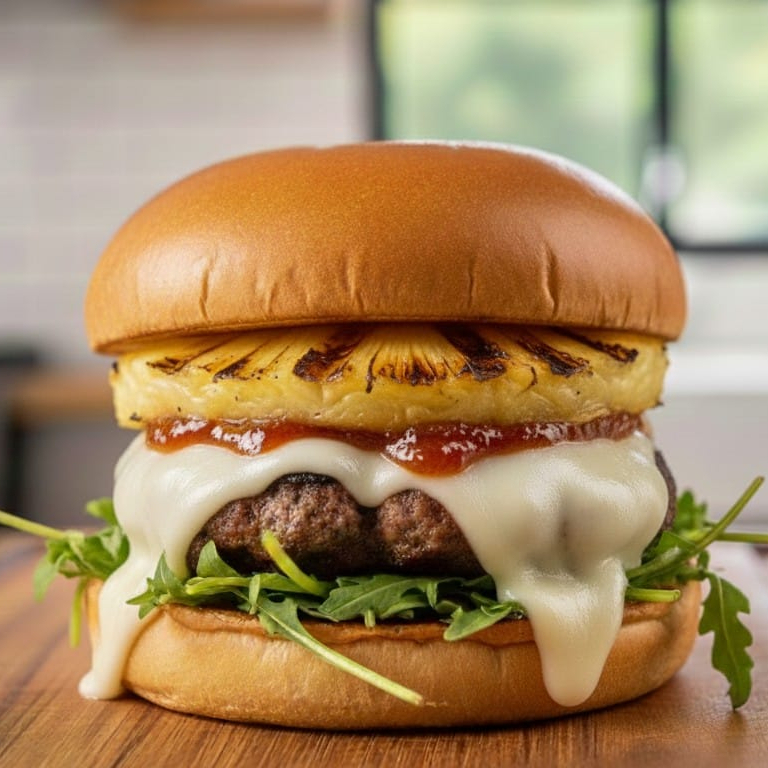 Hambúguer fit artesanal com 120g de carne magra (patinho), no pão brioche 0% gordura saturada e 0% colesterol, rúcula, mussarela derretida, geleia de pimenta e abacaxi grelhado. Uma combinação de sabores irresistível !