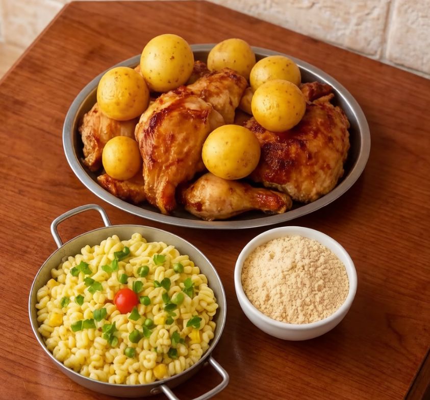 Frango, farofa, macarronese