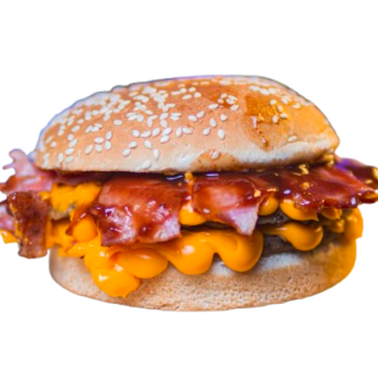 Pão, 2 carnes, bacon, barbecue e bastante cheddar cremoso