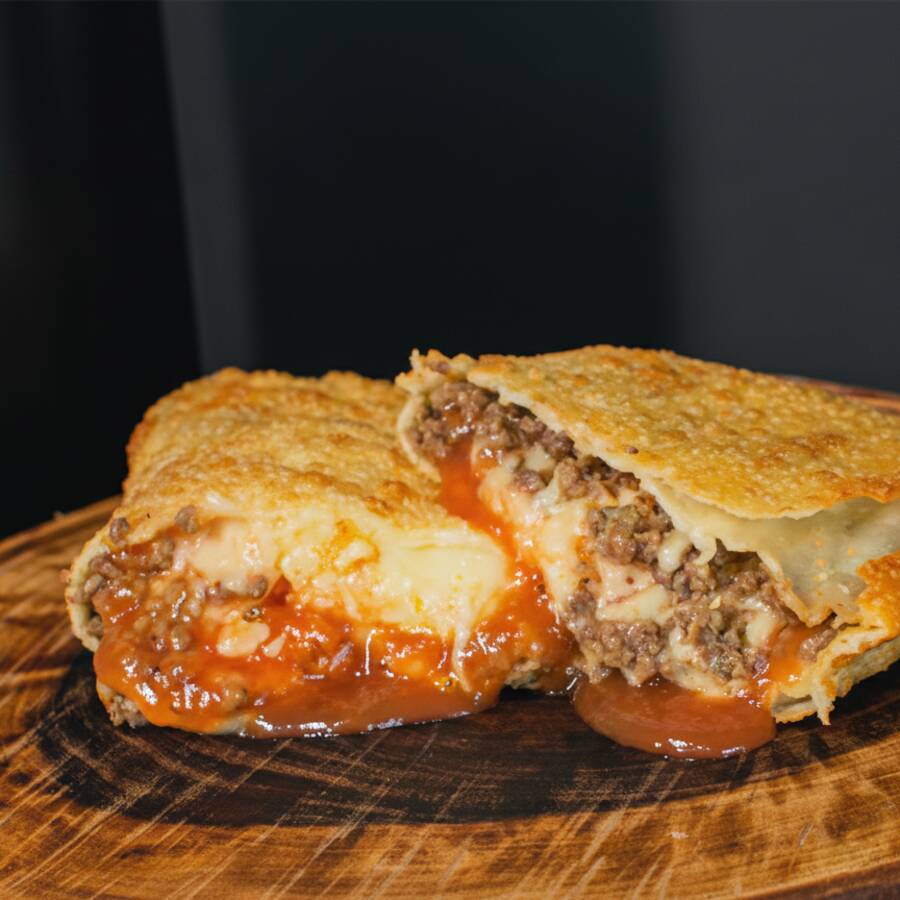Nossa suculenta Carne Moída, queijo mussarela e molho de tomate. Massa crocante e sequinha, Pastel de 20x10cm, recheado de ponta a ponta, preparado e frito na hora.
*imagem ilustrativa
