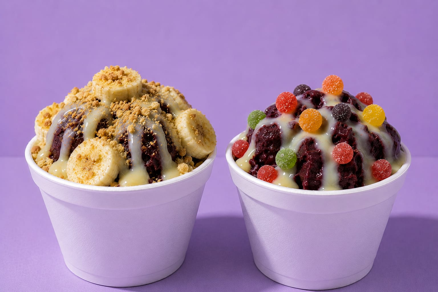 São dois açaís super cremosos nos bowls de 720ml, ambos preparados em camadas com 2 complementos e 1 creme gratuito à sua escolha. Mais quantidade, mais sabor e uma experiência ainda mais completa!