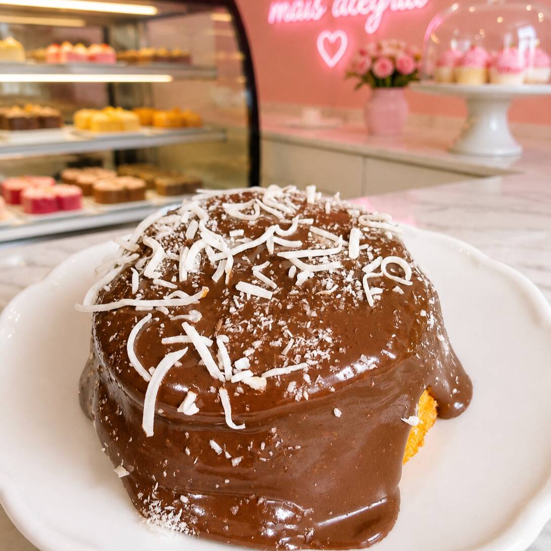 Bolo massa branca com cobertura de chocolate com coco, aproximadamente 300gr, serve 2 pessoas
