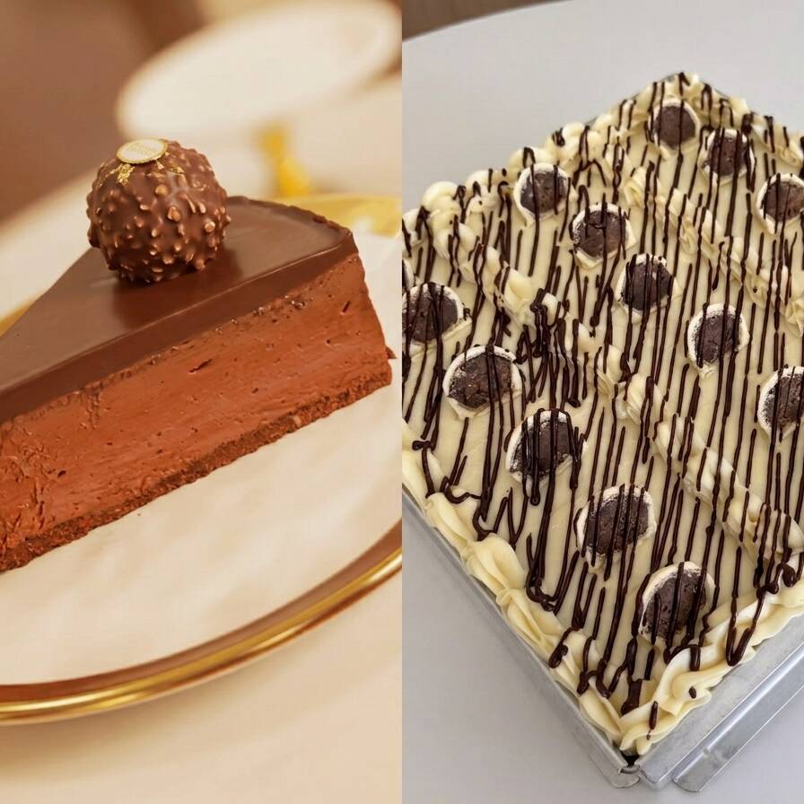 Compre nossa fatia de Bolo Bombom Ouro Branco (sem calda) juntamente com a fatia de Torta Ferrero por um preço promocional