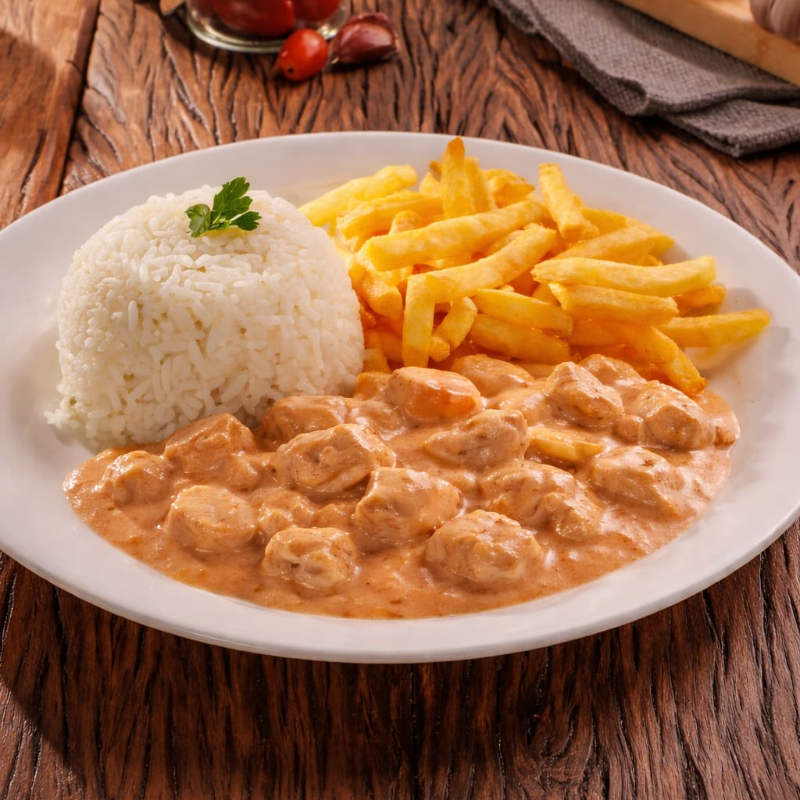 Acompanhamentos: Feijão, arroz, macarrão, salada e farofa.