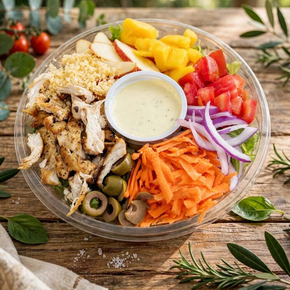 Mix de folhas, frango suculento, o doce das frutas manga e maça para realçar o sabor, tomate cebola roxa, azeitona, cenoura ralada, queijo parmesão zero lactose, e torradinha e finalização com molho artesanal zero lactose.