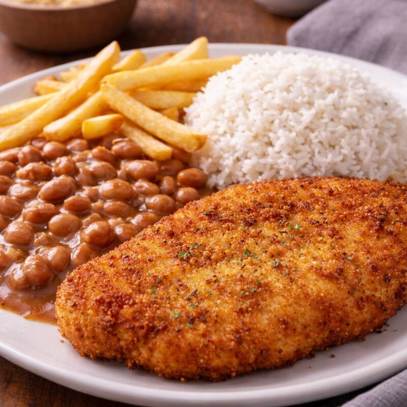 Filé de frango a milanesa acompanhado de arroz branco, feijão de caldo e batata frita.