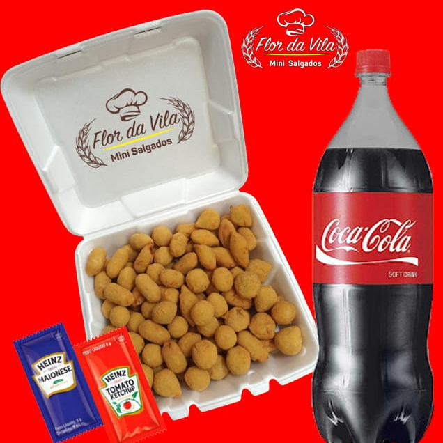 100 Mini Salgados Mistos(13grs) - 5 Sabores: Coxinha, pres./queijo, enroladinho de salsicha, requeijão e rissole de carne. Embalagem isopor. Acompanha Coca Cola 2l e Molhos Heinz. Não podemos alterar os sabores deste item promocional.