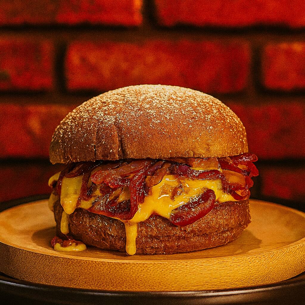 Hamburger preparado com pão australiano, carne de hambúrguer artesanal 150g, creme de cheddar artesanal cremoso com cebola caramelizas e fatias de bacon com nossa deliciosa maionese verde da casa.