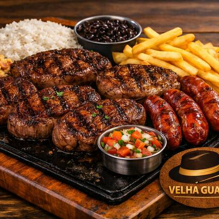 4 bifes de ancho, 3 linguiças, arroz, feijão, farofa, batata frita e molho a campanha