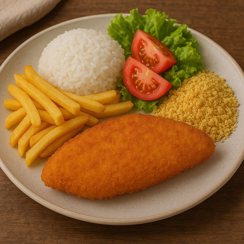 Arroz, feijão, farofa, salada, batata frita ou salpicão.