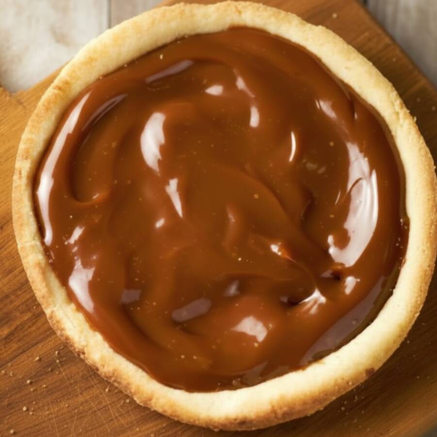 Esfiha de doce de leite com massa macia e dourada, recheada com doce de leite cremoso, proporcionando um sabor doce e irresistível.