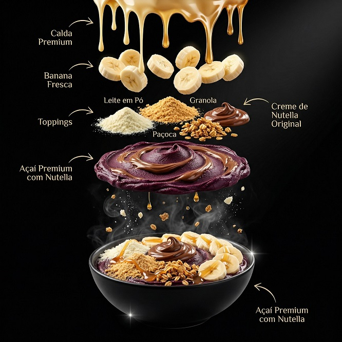 Descubra uma experiência única com nosso Açaí Premium Nutella, feito com açaí 100% natural da Amazônia, sem aditivos artificiais, combinado com Nutella original incorporada diretamente na receita. Essa versão recebe várias veias/mescla de Nutella original, em quantidade generosa de Nutella, criando uma experiência rica, envolvente e simplesmente irresistível a cada colherada. 🥣 Diferencial Importante: A Nutella não é adicionada apenas por cima, ela é mesclada na produção, formando veios cremosos dentro do açaí, garantindo sabor equilibrado em toda a massa. Isso significa que o sabor está presente em cada colherada, mesmo quando não visível na superfície. 🍫 O que você recebe: • Açaí Premium com mescla de Nutella • + 1 sabor opcional: Clássico, Morango, Banana, Leitinho ou Cupuaçu 🎁 Acompanha GRÁTIS: ✔ Leite em pó ✔ Farinha de Amendoim ✔ Granola crocante ✔ Nutella 🍯 + 1 Calda Premium: Leite condensado 🍌 + 1 Fruta: Banana fresca ✨ Qualidade que você sente: • Açaí com alta concentração e textura cremosa • Ingredientes selecionados • Produção com rigorosos padrões de qualidade 📌 Importante: A aparência pode variar, pois a Nutella é incorporada em forma de mesclas durante a produção, e não como cobertura externa. 👉 Peça agora e experimente um açaí com sabor intenso, cremoso e realmente diferente! 🍧🍫🔥