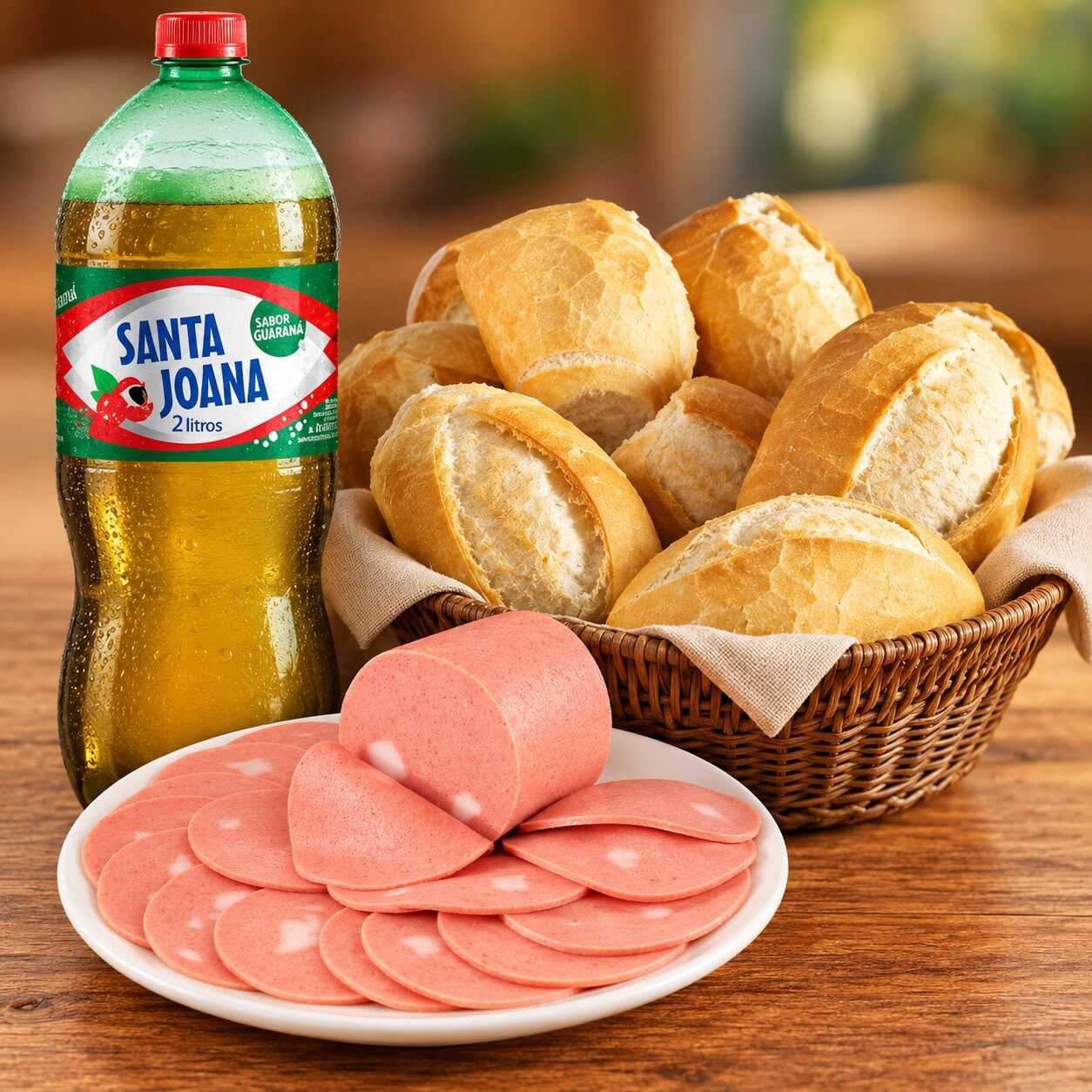 10 pães francês + 200gr de mortadela de frango + refrigerante santa joana 2l