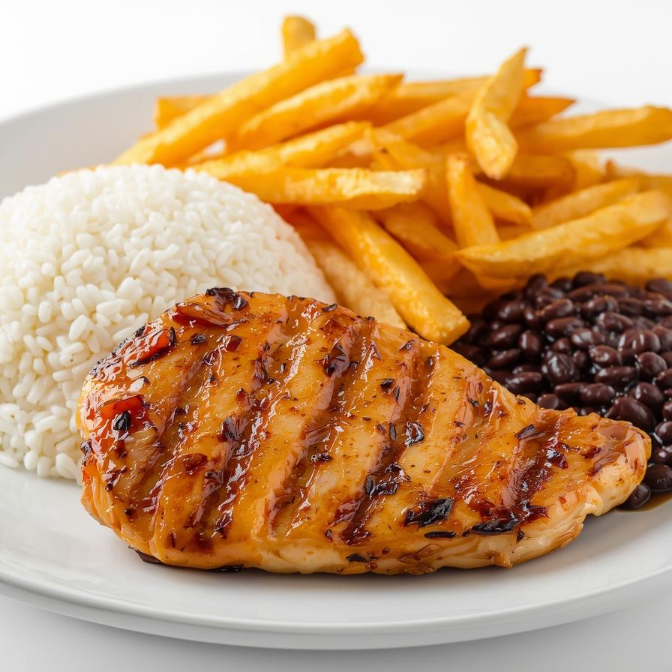 Arroz, feijão, purê, ou fritas, salada e vinagrette .